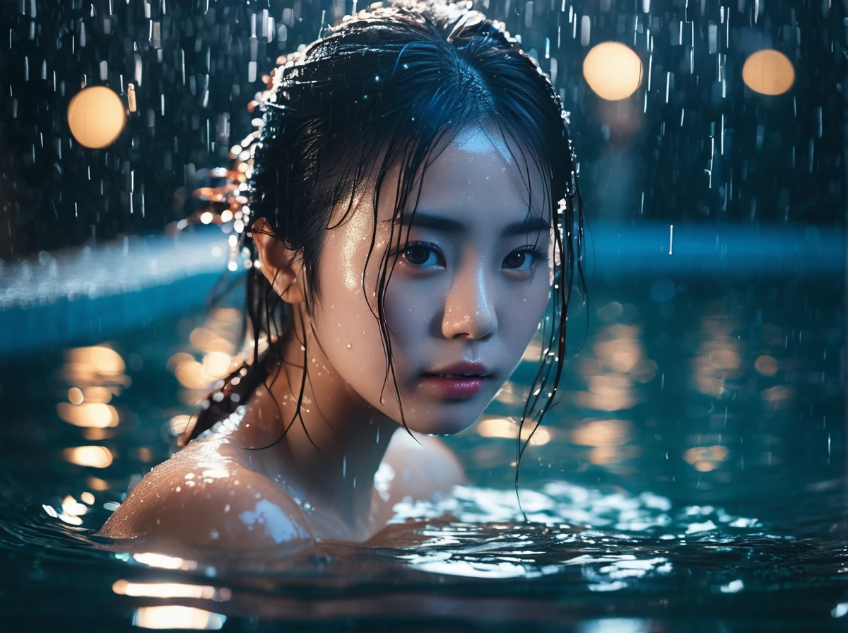 1 girl with moist skin,In the water,,In the water,(Wet Hair:1.2),(fog:1.2),haze,torogao,Shiny skin,Glowing Skin,(Partially submerged in the pool:1.2),(Wet Hair:1.2),shower,Rainfall,Immerse in water,moisture,(Japanese hot springs:1.4),(Cinematic Light:1.2),Dark Night,Clear Background,Kodak Portrait 400,landscape/scenery,against backlight at dusk,Beautiful detailed water,Cowboy Shot,Very beautiful eyes,, Highest quality, masterpiece, High resolution, Absurd, incredibly Absurd, Large file size, wallpaper, colorful,8K,RAW Photos