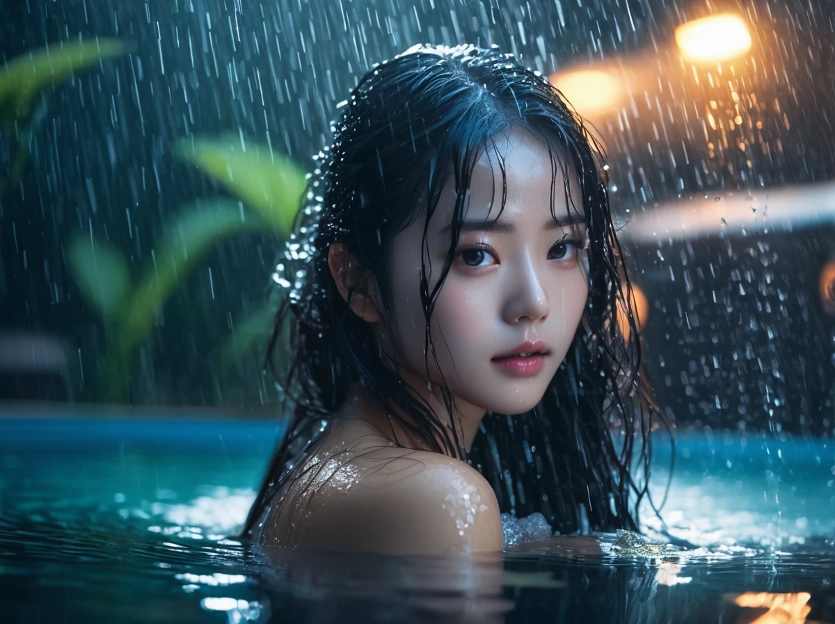 1 girl with moist skin,In the water,,In the water,(Wet Hair:1.2),(fog:1.2),haze,torogao,Shiny skin,Glowing Skin,(Partially submerged in the pool:1.2),(Wet Hair:1.2),shower,Rainfall,Immerse in water,moisture,(Japanese hot springs:1.4),(Cinematic Light:1.2),Dark Night,Clear Background,Kodak Portrait 400,landscape/scenery,against backlight at dusk,Beautiful detailed water,Cowboy Shot,Very beautiful eyes,, Highest quality, masterpiece, High resolution, Absurd, incredibly Absurd, Large file size, wallpaper, colorful,8K,RAW Photos