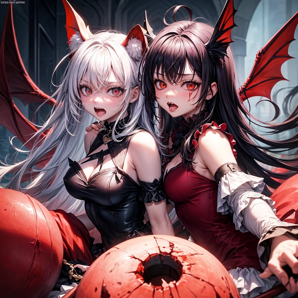 His chest was covered in blood、Gothic maxi dress, gapmoe Yandere grimdark, Devil anime girl, Shatia Bradfren, Bad guy anime 8k, Yandere intricate, portrait gapmoe Yandere grimdark, 1 Vampire girl, bloody + Concept Art, Yandere, Anime style 4k, Detailed digital anime art,With bat wings,(Tiger Teeth),(Open mouth and bite),(Correct finger),Red Moon