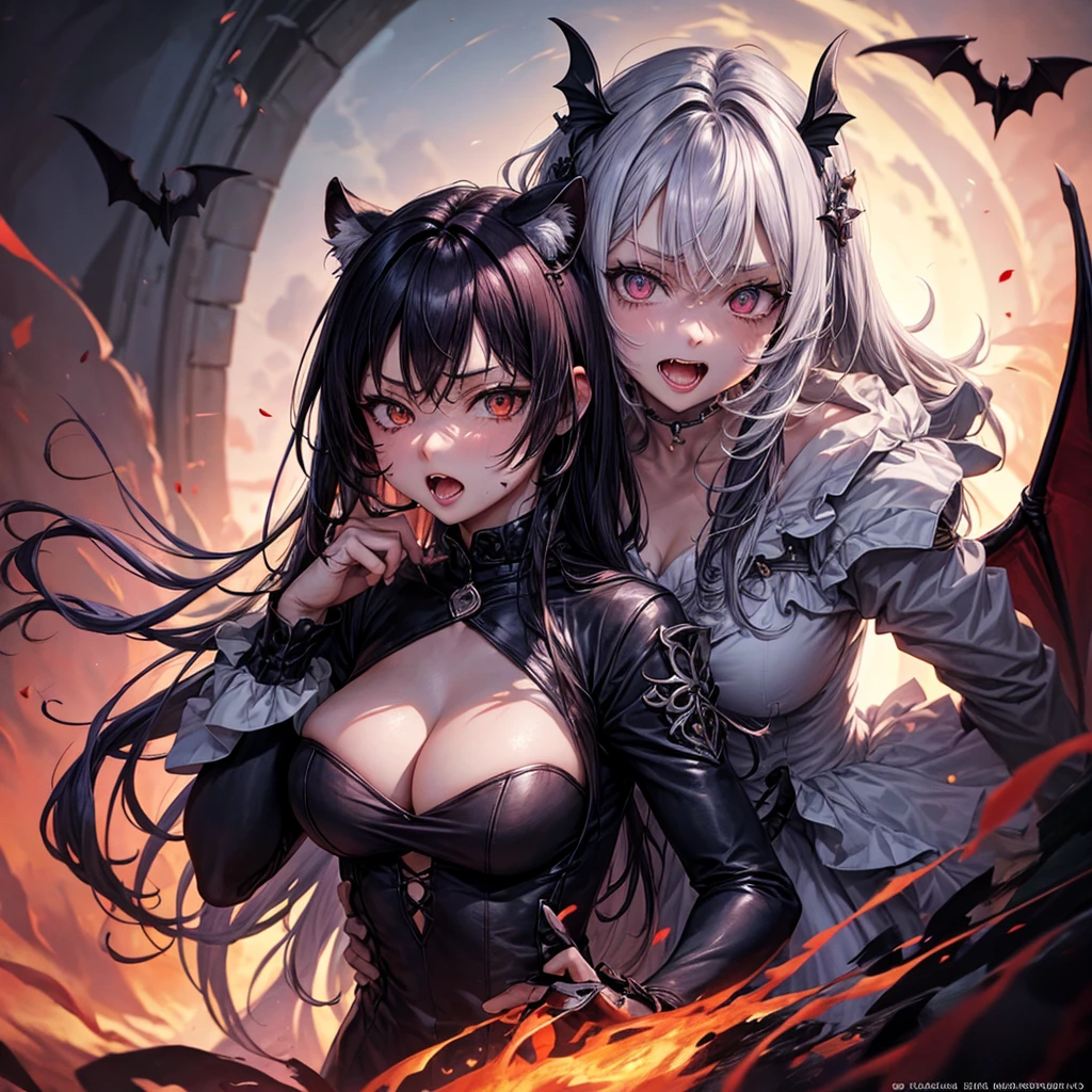 His chest was covered in blood、Gothic maxi dress， gapmoe Yandere grimdark, Devil anime girl, Shatia Bradfren, Bad guy anime 8k, Yandere intricate, portrait gapmoe Yandere grimdark, 1 Vampire girl, bloody + Concept Art, Yandere, Anime style 4k, Detailed digital anime art，With bat wings，（Tiger Teeth），（Open mouth and bite）,（Correct finger），Red Moon