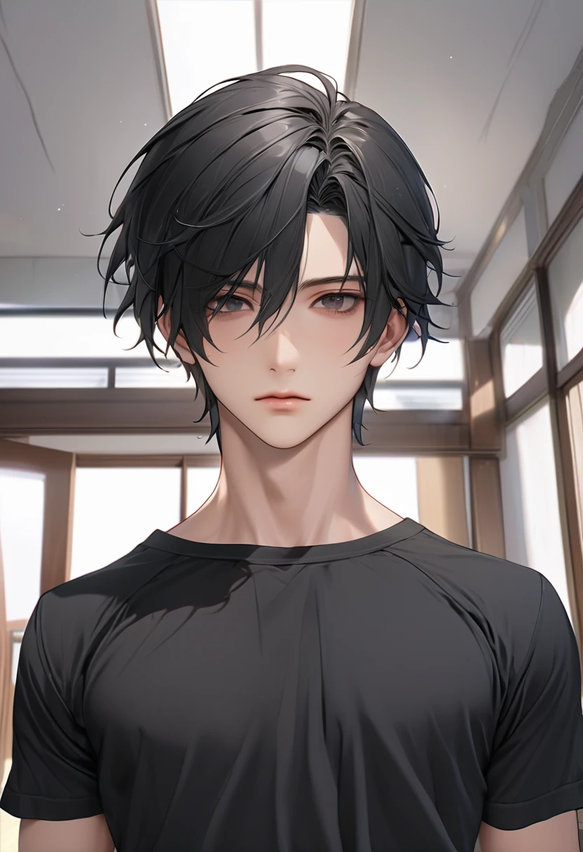 A high**********, handsome, perfect body, black hair, short hair, mullet black eyes, expressionless, black shirt, anime, first-person view, masterpiece, anatomically correct, high details, highres, best quality, super detail, 1080P