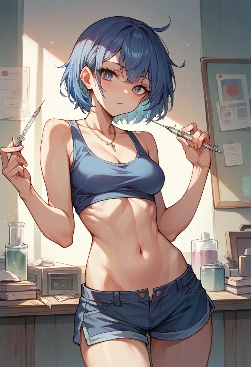 Make a picture of a woman sticking a needle into her navel.