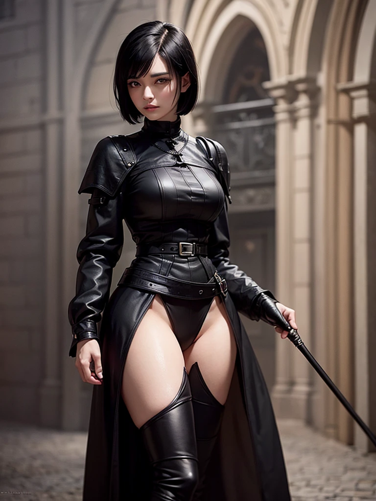 woman with short black hair, young woman with dark eyes, black medieval clothing
