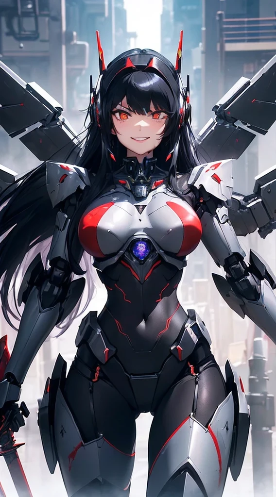 Machine eyes glowing red、evil smile