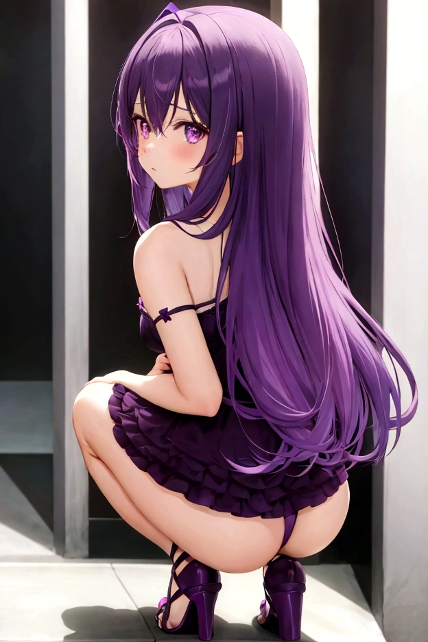 anime girl in purple lingerie with purple hair and purple panties, seductive anime girl, beautiful anime girl squatting, smooth anime cg art, the anime girl is crouching, beautiful alluring anime teen, li in dress, beautiful alluring anime woman, revealing clothes, anime moe artstyle, anime visual of a cute girl, ecchi, from behind