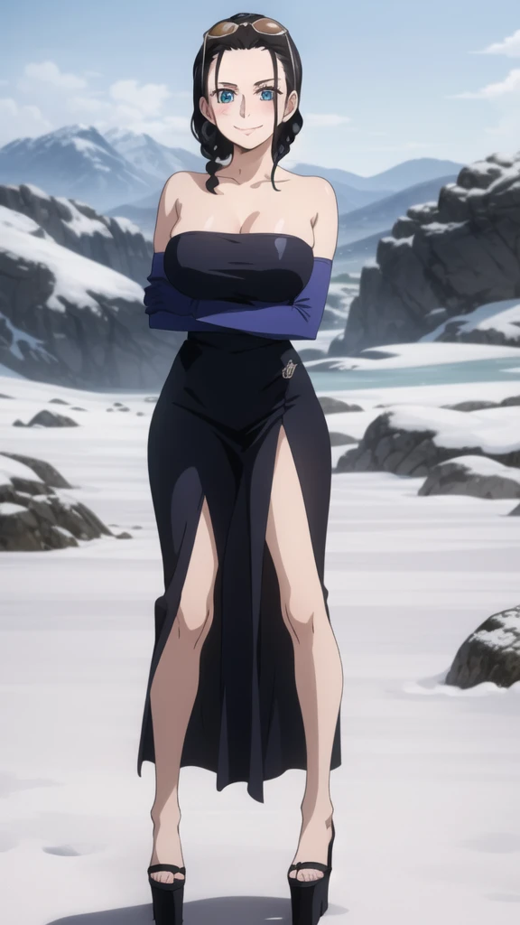 (Masterpiece), 1girl, high quality, best quality, extremely detailed eyes, extremely detailed body, blush, highly detailed, Nico robin, one piece, black hair, blue eyes, looking at viewer, smile, large breasts, gloves, closed mouth, 1girl, full body, open clothes, purple strapless croptop,crossed arms, eyewear on head, brown gloves, hair slicked back, platform heels, barefoot, snowy terrain