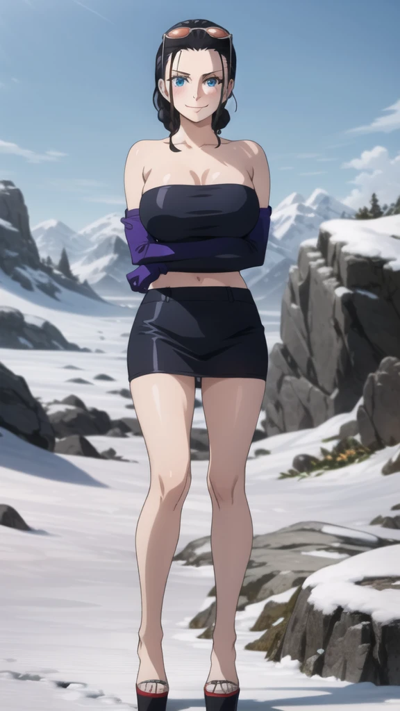 (Masterpiece), 1girl, high quality, best quality, extremely detailed eyes, extremely detailed body, blush, highly detailed, Nico robin, one piece, black hair, blue eyes,  looking at viewer, smile, large breasts, gloves, closed mouth, 1girl, full body, open clothes, purple strapless croptop,crossed arms, eyewear on head, brown gloves, hair slicked back, platform heels, barefoot, snowy terrain