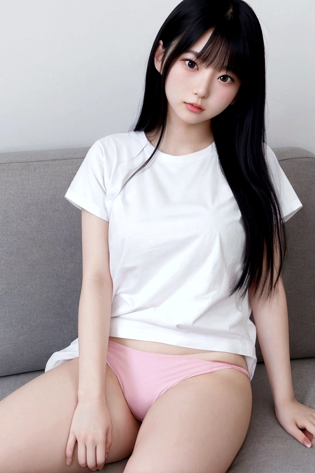 Japanese girl、university student、Wearing a white T-shirt、White skin、Long black hair、Pink underwear、Sit on the sofa with your legs apart、live-action、Delicate、23 years old、