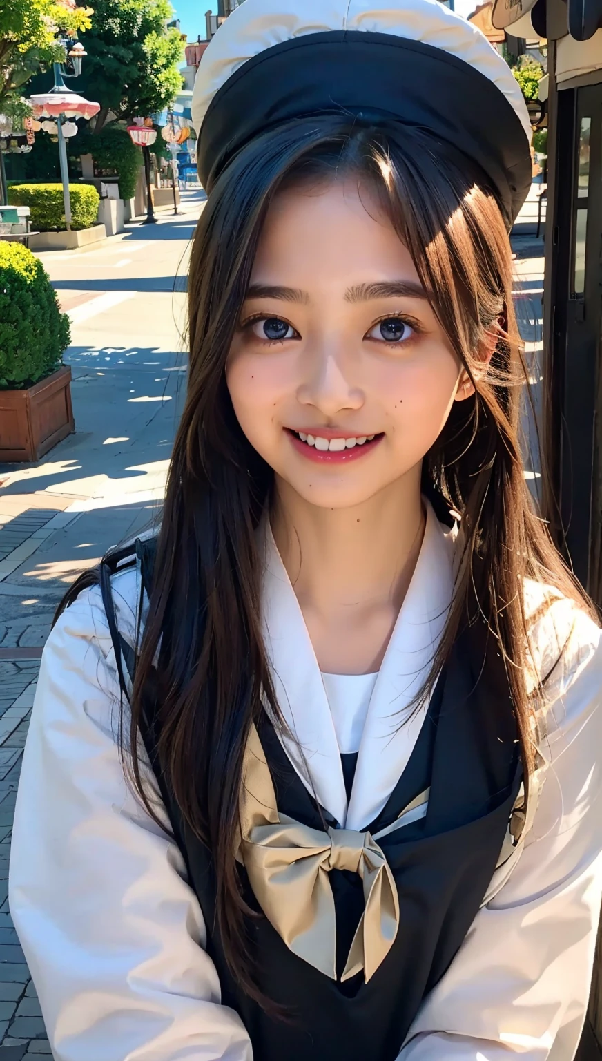 (((upper body shot))),Ultra-high resolution,big eyes,((brown eyes)),Japanese,(forehead),(a girl),(1 girl),(()),(cute),pretty,((facing at viewer)),arms behind back,grin,(((black school sailor uniform))),(((disney land)))