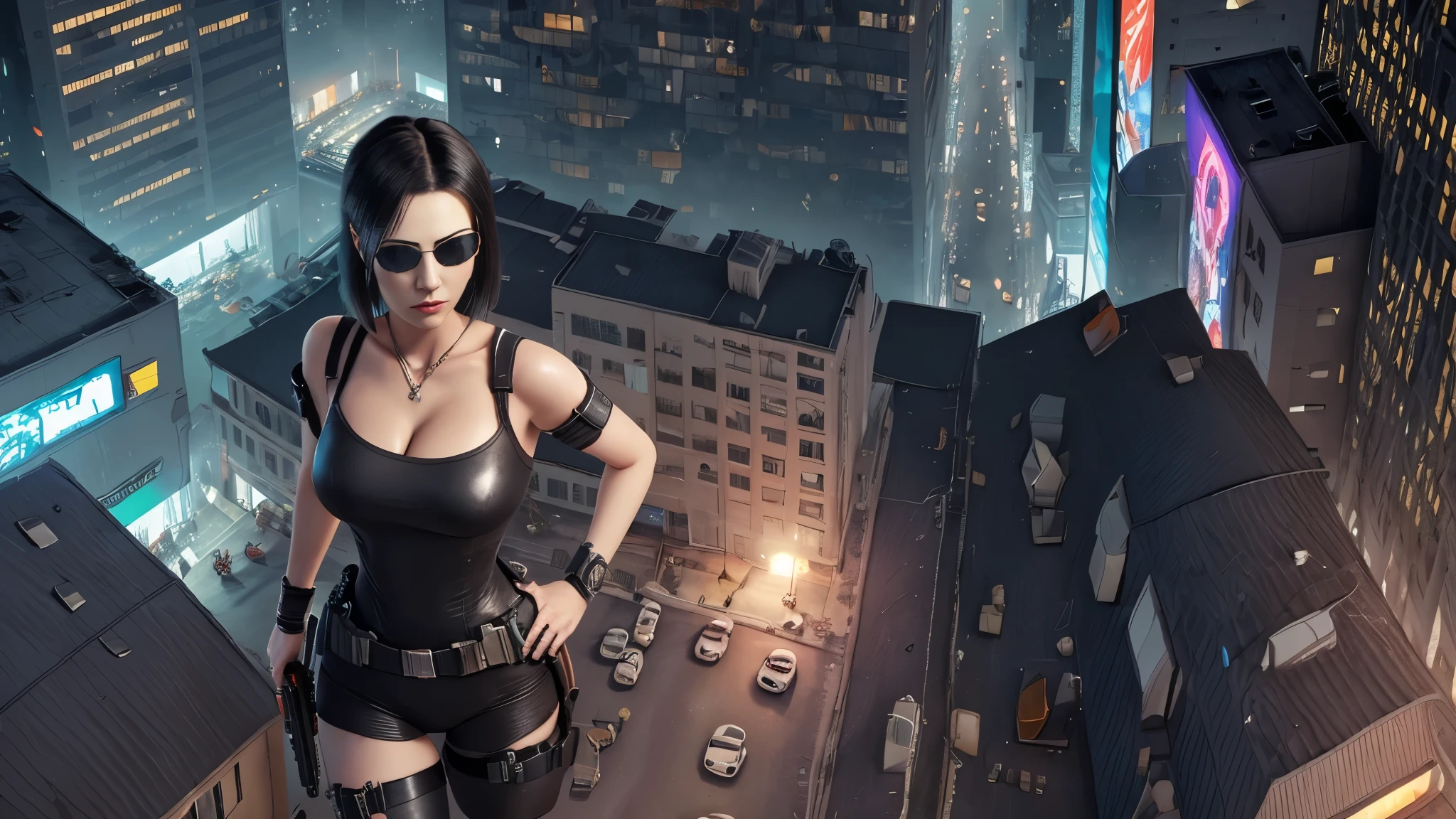 (((at night))), FPS gaming screen view, (((aerial view))) of cyberpunk city, unreal engine 5 rendering, (((1Girl, solo))), large breasts, Chest exposed, breast cleavage, wide open ass, slim waist, dynamic seductive pose, ((​masterpiece:1.2)), top-quality, official art, detailed CG Unity 8K Wallpapers, artbook, Expressive Hues, Vibrant Palette, B deficiency and white clothes, (((matrix style black micro sunglasses))), (((((aiming with a short gun))))), (((looking at camera))), (((very low view))), (((thigh level medium shot))).