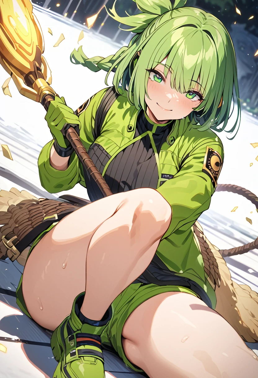 ,One girl,smile, View your viewers, masterpiece,Highest quality,Konam,green jacket, gloves, green shorts,green footwear,cyclone \(for once\)