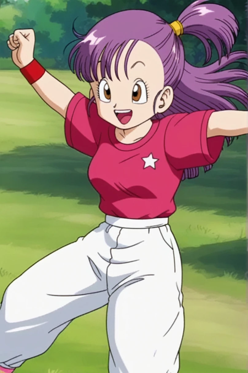 sauce_anime, score_9, score_8_superior, score_7_superior, anime screencap, Bloomers \(Dragon Ball\), One girl, alone, View your viewers, smile, Open your mouth, Brown eyes, Field, Outstretched Hand, superiorから, Baggy pants, Outstretched arms, Long shirt, Short-sleeved shirt, Purple Hair, one side superior, Wristband, arm superior, clavicle, Eyebrow, eyelash, Jumping, nail, Semi-long hair, Look to the side, Clenched hands, raised Eyebrow, Hollow, tongue, teeth, White background