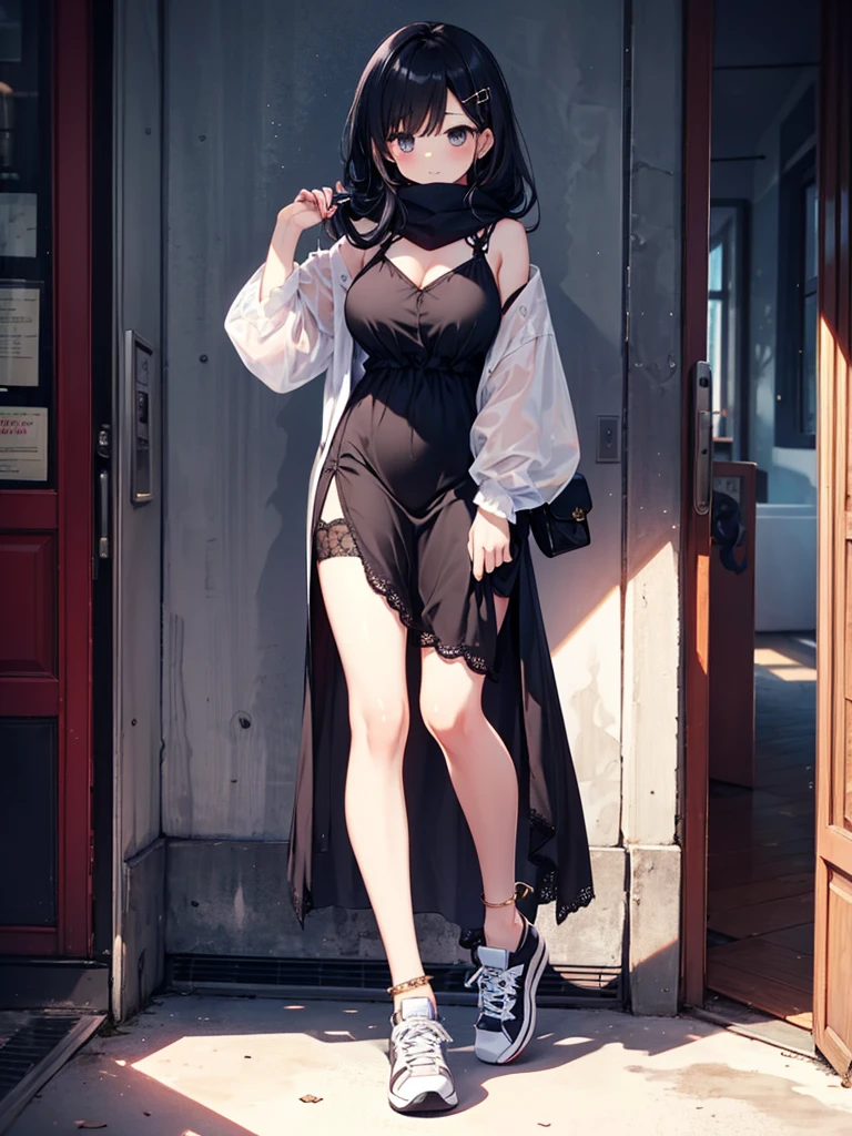 1girl,,legwear,,anklet,black hair,straight_hair,hime cut,long hair,sneakers,huge filesize,scarf,lace,halter_dress,