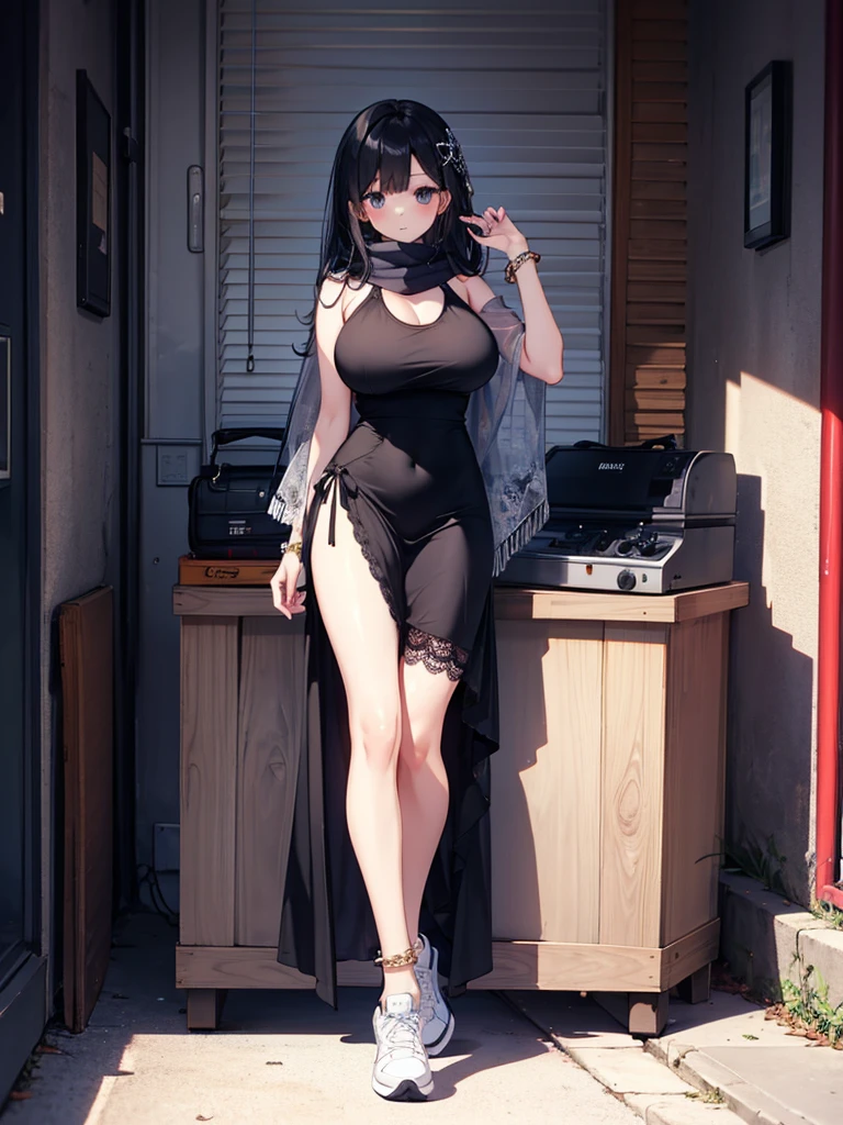 1girl,,legwear,,anklet,black hair,straight_hair,hime cut,long hair,sneakers,huge filesize,scarf，lace，halter_dress,