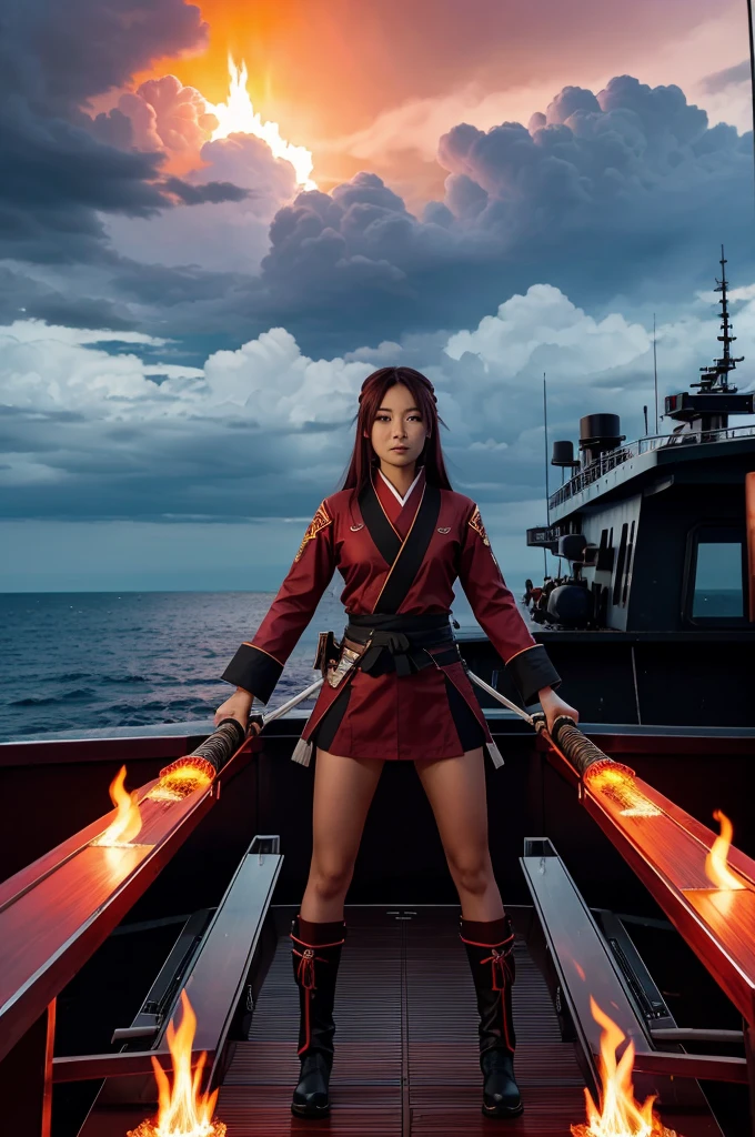 f Kaida "Blaze" Hikari standing proudly on the deck of her ship, the Crimson Phoenix, with flames swirling around her and her katana drawn in 2d anime