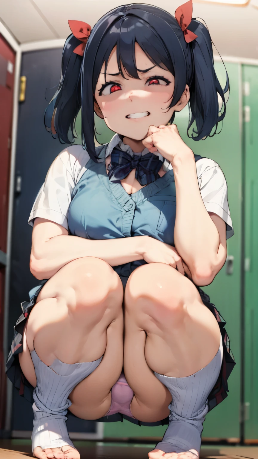 from front,focus on panties,fine underwear,black panty,flat chest
,BREAK,
nico yazawa, flat chest,black hair, (red eyes:1.5), twintails, hair bow, bow, red bow,
,BREAK,
gyaru, shirt, plaid, bow, blush, white shirt, hair ornament, nail polish, plaid skirt, bowtie, pleated skirt, clevage
,BREAK,
evil grin, look down at viewer, {{{shaded face}}}, masterpiece,absurderes, beautiful detailed face
,BREAK,
,Squat,looking down at viewer,Squatting,
((masutepiece,hight resolution)), masutepiece, Best Quality, , absurderes, Perfect Skin, Detailed skin texture, ultra-detailliert, 8K, Intricate details, beautifull detailed face,hight resolution, 1girl ,from front.
indoors,locker room