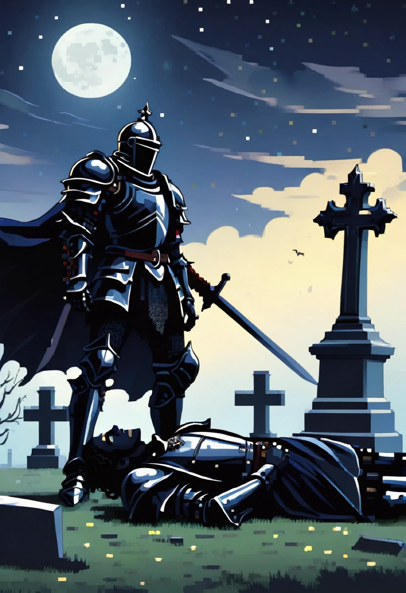 gothic black knight injured laying and raising his arm to the night sky in a cemetery and a battle