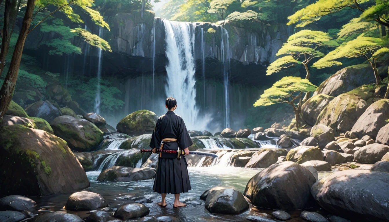 1man standing, (draws Japanese sword from sheath at waist), (bluish black samurai kimono) (black hakama), mature man, /(black hair/) bangs, cool expression, (serious:0.5), dignified, (top quality masterpiece :1.2) ultra-detailed fine illustrations, broad chest (holding (katana sword:1.2)), (gleaming blade), (holding sword sheath) BREAK (sacred rocky area) outdoors, waterfall, Japan, daylight, detailed background