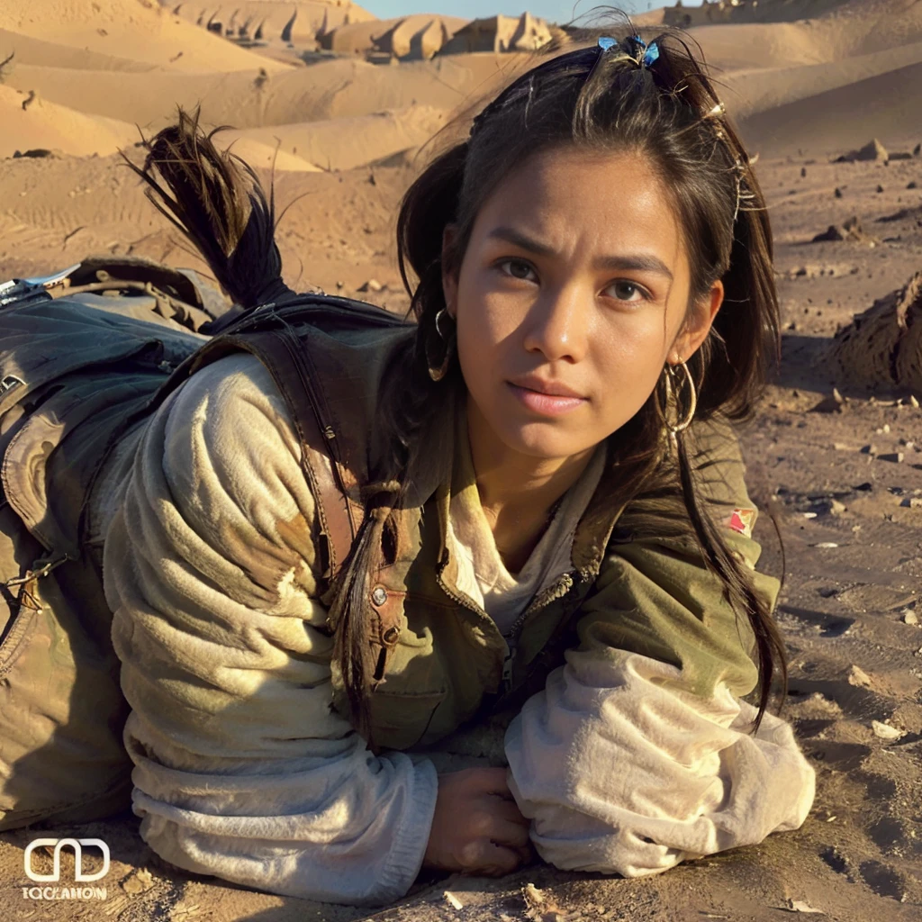 PLEASE fix the image, delete it, A beautiful Indonesian woman with long brown hair who survived in the desert riding a Mad Max type motorbike. Apocalyptic setting. Realistic skin, soft oval face. Soft round chin. Soft round cheeks. Curved lips. Long and wide nose. blackish brown eyes. very detailed eyes. His eyebrows are very thick. Athletic legs, ideal body. Friendly. Wearing used clothes of a scavenger, Background: An apocalyptic wasteland. Dusty and sad
