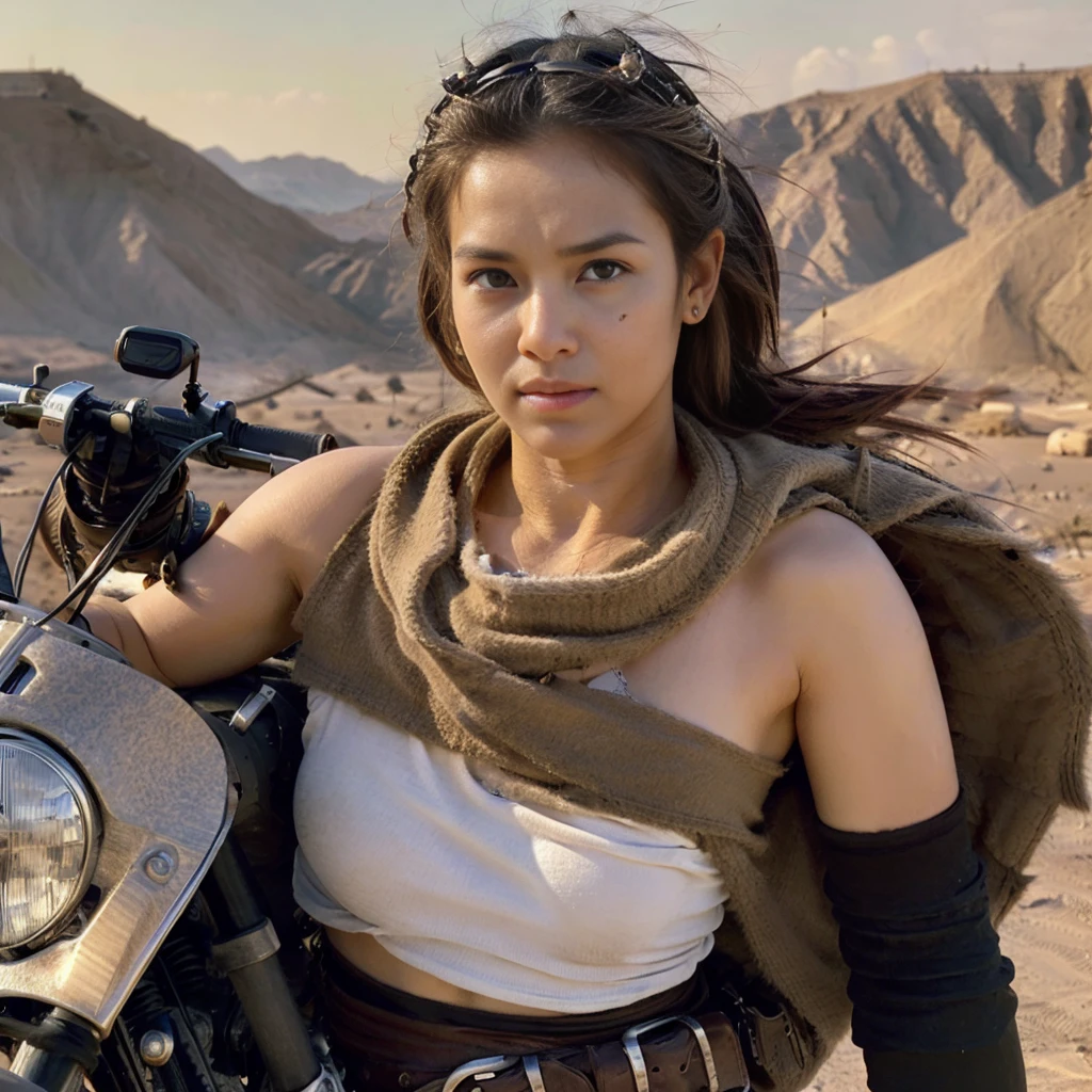 PLEASE fix the image, delete it, A beautiful Indonesian woman with long brown hair who survived in the desert riding a Mad Max type motorbike. Apocalyptic setting. Realistic skin, soft oval face. Soft round chin. Soft round cheeks. Curved lips. Long and wide nose. blackish brown eyes. very detailed eyes. His eyebrows are very thick. Athletic legs, ideal body. Friendly. Wearing used clothes of a scavenger, Background: An apocalyptic wasteland. Dusty and sad