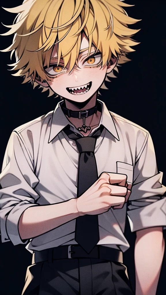 (masterpiece, Best Quality:1.2), Cowboy Shot, Solo, Male Focus, Look at viewers, 1boy, Denji, sharp teeth, yellow hair, Evil smile, Open mouth, Looking at Viewer, Blonde hair, Brown eyes, sanpaku, White collared shirt, black necktie, sleeves rolled up, Black pants, (Top resolution, Distinct image), perfect hands