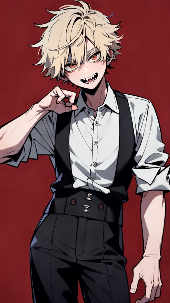 (masterpiece, Best Quality:1.2), Cowboy Shot, Solo, Male Focus, Look at viewers, 1boy, Denji, sharp teeth, yellow hair, Evil smile, Open mouth, Looking at Viewer, Blonde hair, Brown eyes, sanpaku, White collared shirt, black necktie, sleeves rolled up, Black pants, (Top resolution, Distinct image), perfect hands