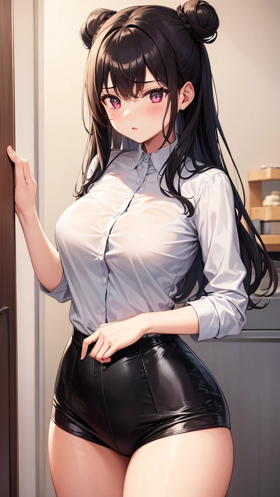 1girl, underwear, tight shirt, lingerie, big chest, long torso, black hair, bun, shiny skin, reaching at the top of a cupboard