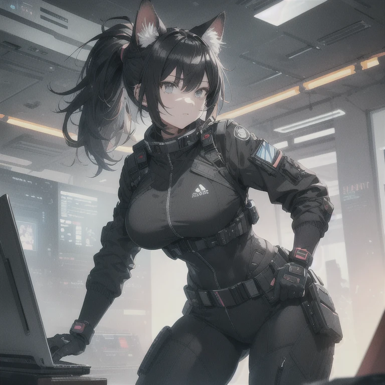 Absurd resolution, high resolution, (masterpiece: 1.4), hyper-detail, solo, 1 kemono feline cat woman, black hair, messy ponytail, cute face, detailed soft grey eyes, extremely large bust, huge hyper super breasts, wide full hips, narrower torso, smaller torso, full thicc soft thighs, rounded full soft butt, fullbody covering pilot utility suit, scifi padded high collar techwear jacket with triangular decals and techwear iconography, techwear gloves, wrist mounted display scifi tablet/communication device/computer, rugged tablet display mounted on MOLLE strap on top of her bust, fitted utility pants, near future scifi, cyberpunk aesthetic, anime aesthetic