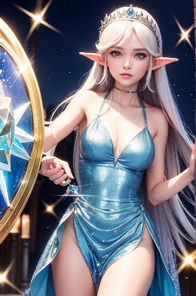 Beautiful elf princess in sparkling blue dresses with a crystal shield in her hand