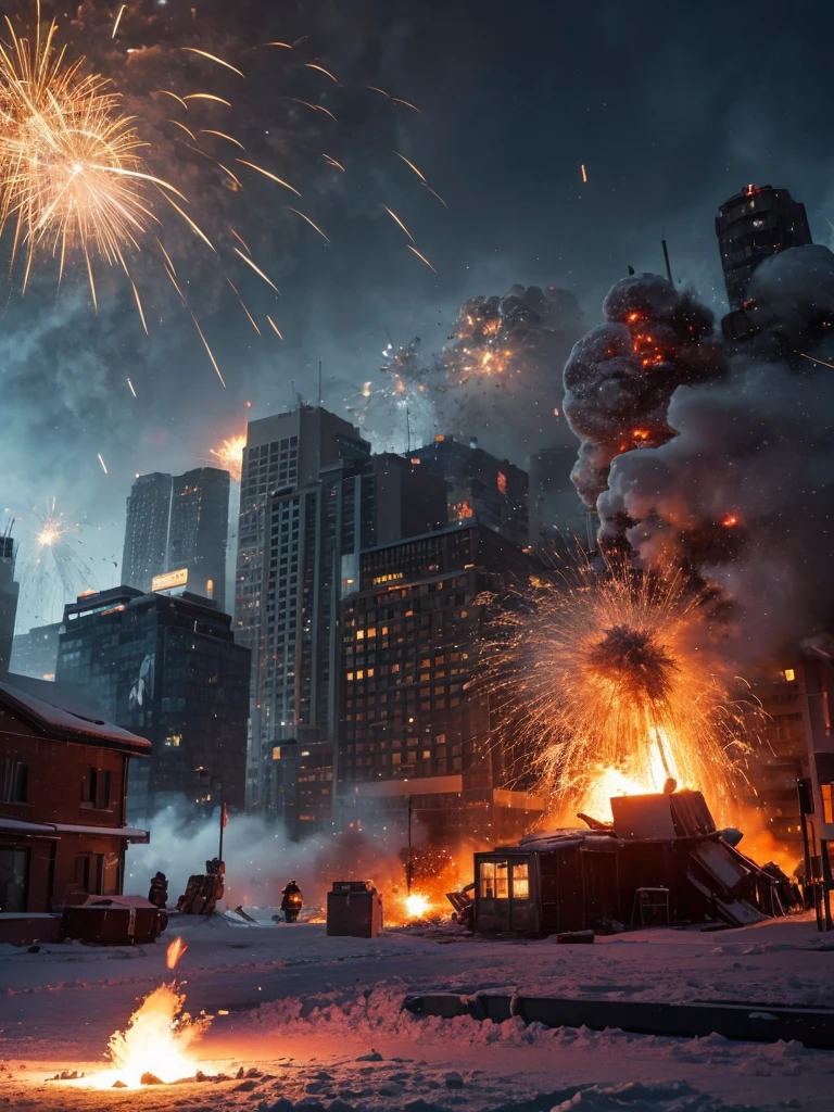 Snow background，Fire，explode，explode buildings，battlefield