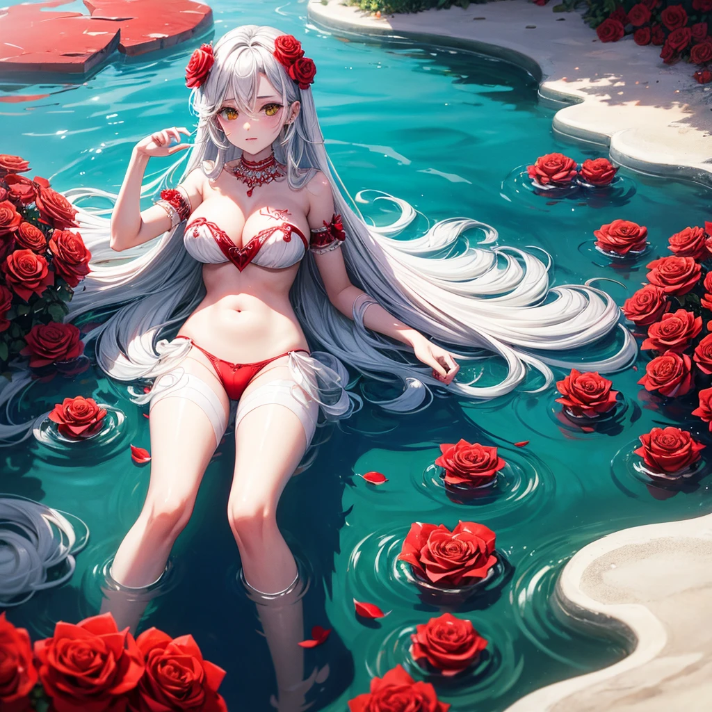 A heart shape madeup of Red roses with the name “Raja” written with white roses, and it is floating on a sea water.