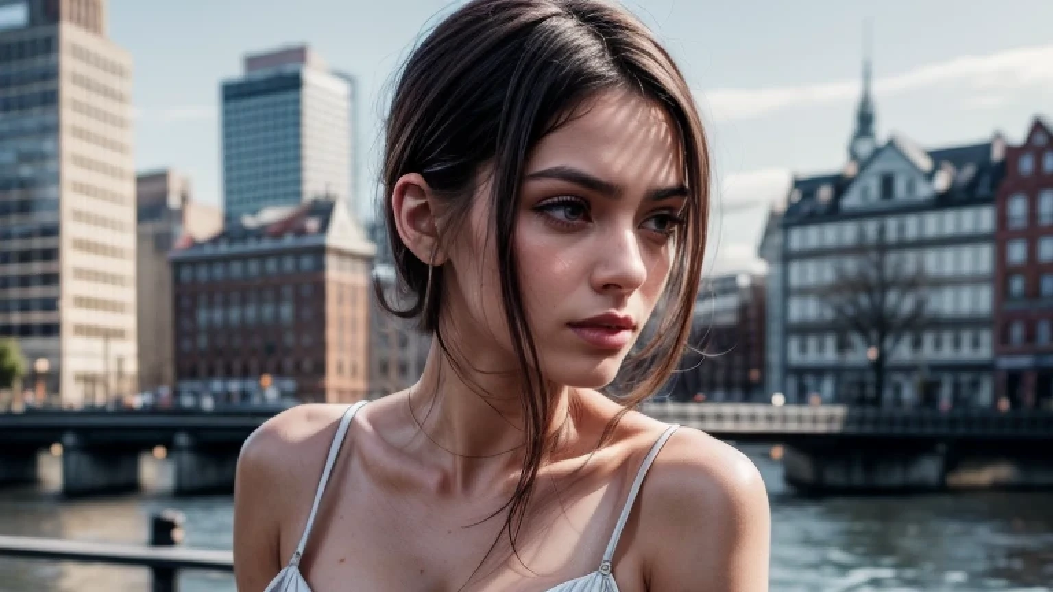 half body photo, portrait of a nice beautiful german anxious young lady, [location] in the background, round face shape, full cheeks, thinning shears cut hairstyle, black hair color, lips with upturned corners, trendy makeup, thin eyebrows, pajama fashion style outfit visible, showing upper body and arms, realistic skin, ultradetailed, detailed composition, symmetrical, photorealistic accuracy, ultra detailed