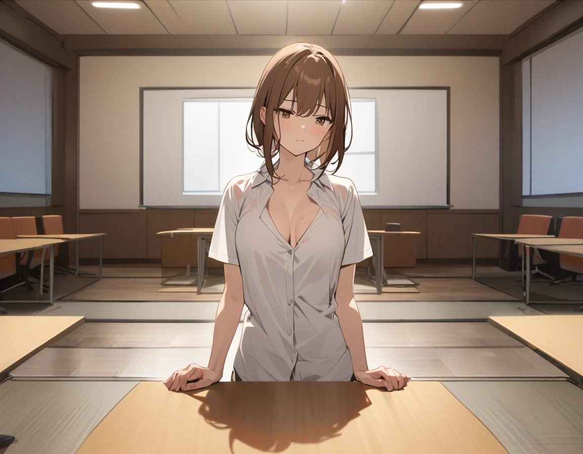 A woman with long brown hair is cooling off in front of a fan in an empty conference room with her shirt open.