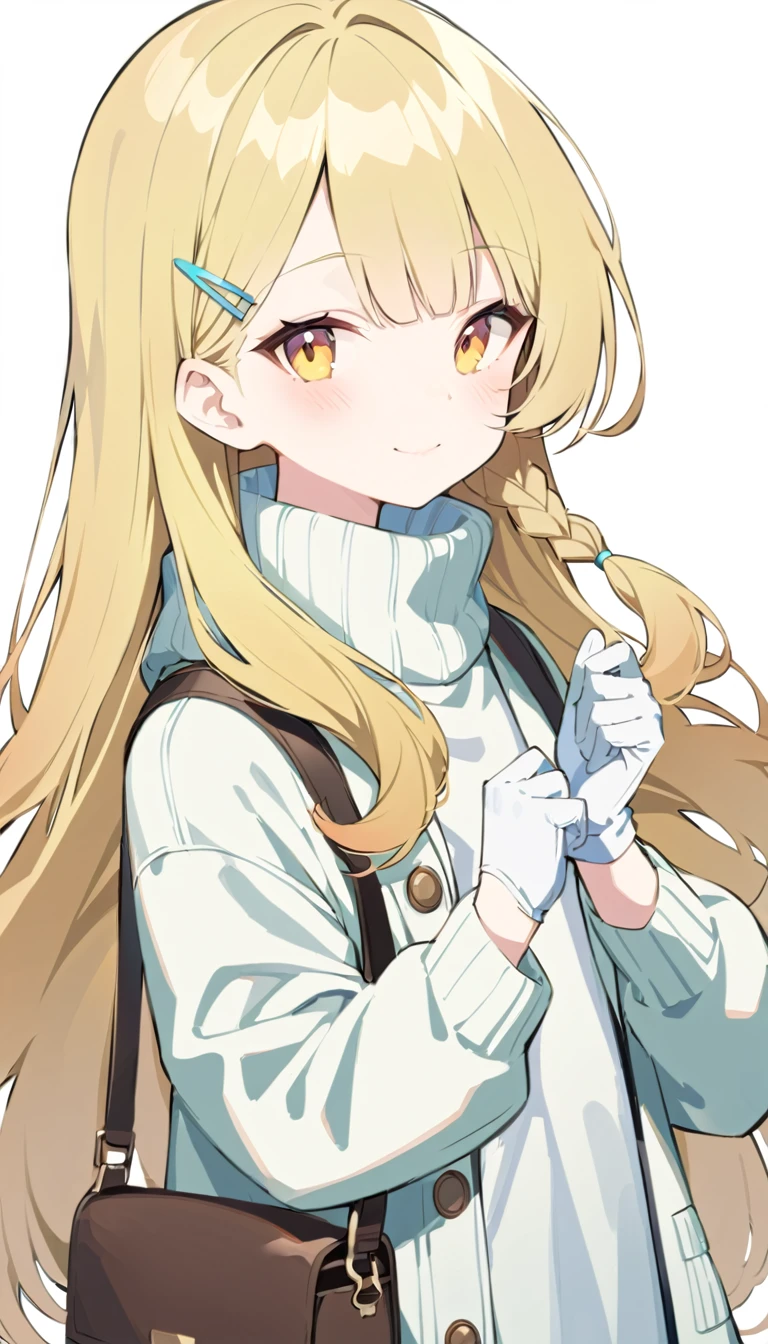 an anime character is shown wearing white gloves holding a hairclip with long curling hair, 1girl, solo, smile, long hair, looking at viewer, sweater, white sweater, blush, white background, blonde hair, upper body, braid, jacket, fur trim, bag, turtleneck, bangs, simple background