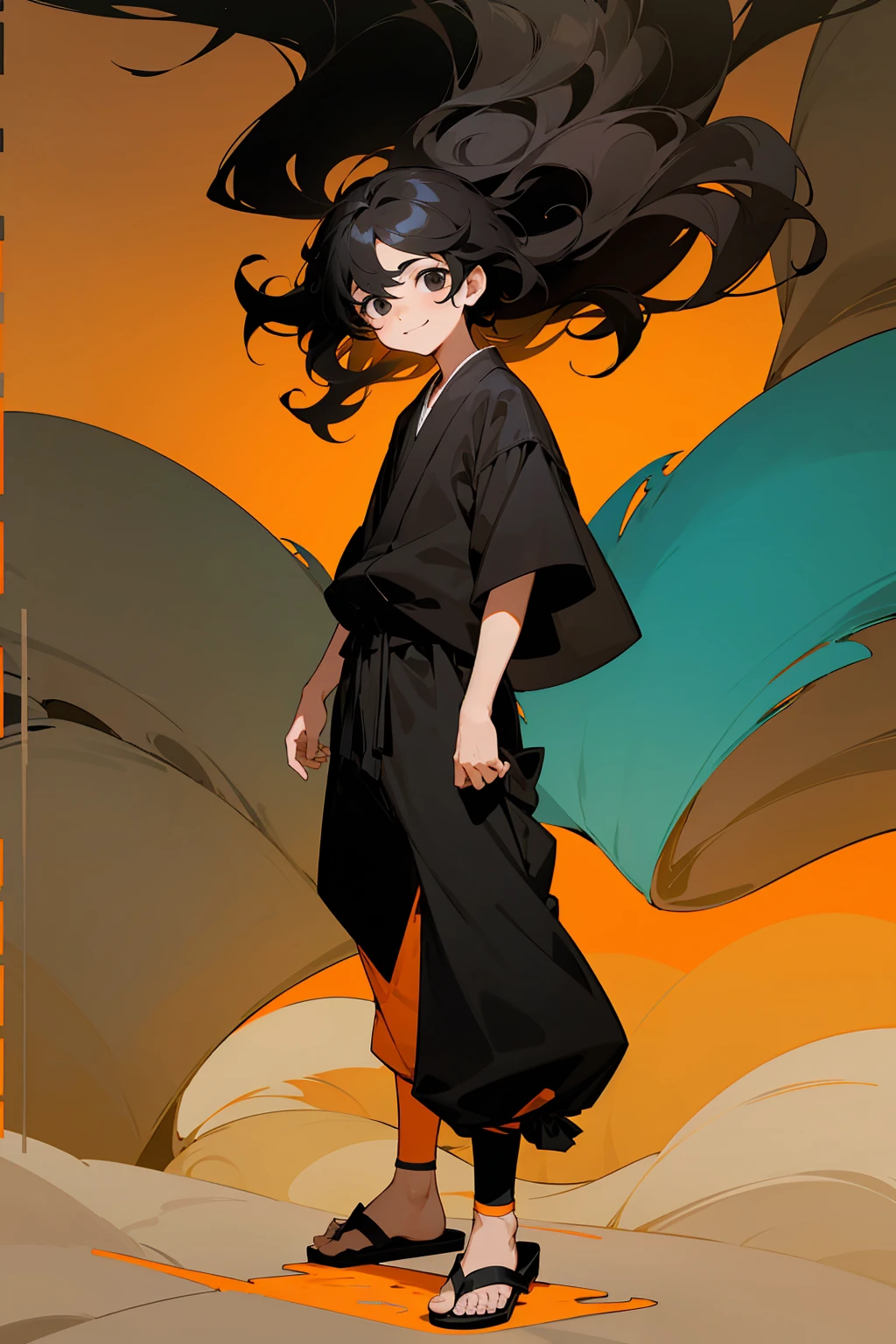 1male , Kid Male , Wavy Hair , Black Hair , Black Eyes , Happy Expression , Orange Martial Arts Yukata , Baggy Black Pants , Sandals , Forest Background , Standing on path