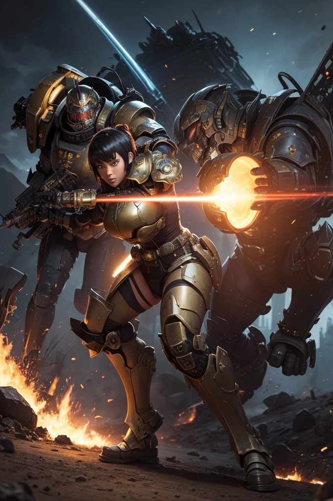 pin-up style drawing, female Warhammer 40k space marine, sexy pose, armored bikini, posing on the bridge of a space dreadnought, holding a space marine assault rifle, "For the Emperor"