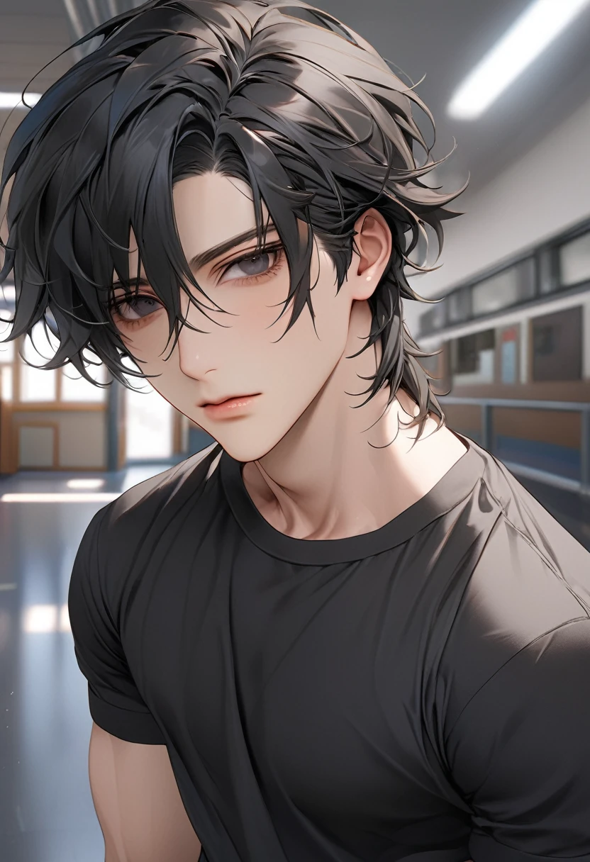A highschool boy, handsome, perfect body, black hair, short hair, mullet black eyes, expressionless, black shirt, anime, first-person view, masterpiece, anatomically correct, high details, highres, best quality, super detail, 1080P