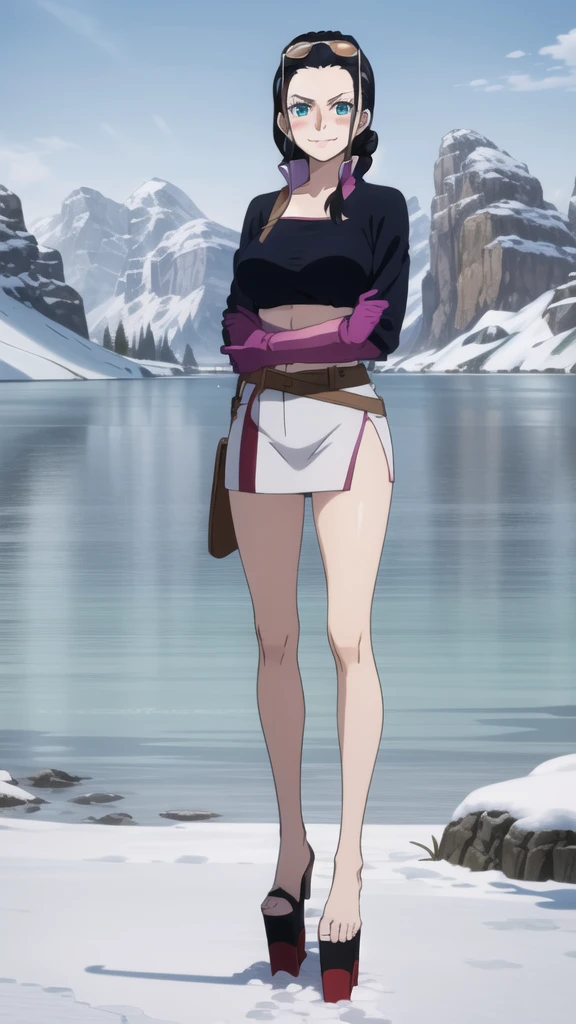 (Masterpiece), 1girl, high quality, best quality, extremely detailed eyes, extremely detailed body, blush, highly detailed, Nico robin, one piece, black hair, blue eyes, looking at viewer, smile, large breasts, gloves, closed mouth, 1girl, full body, open clothes, purple strapless croptop,crossed arms, eyewear on head, brown gloves, hair slicked back, platform heels, barefoot, snowy terrain, frozen lake, side view