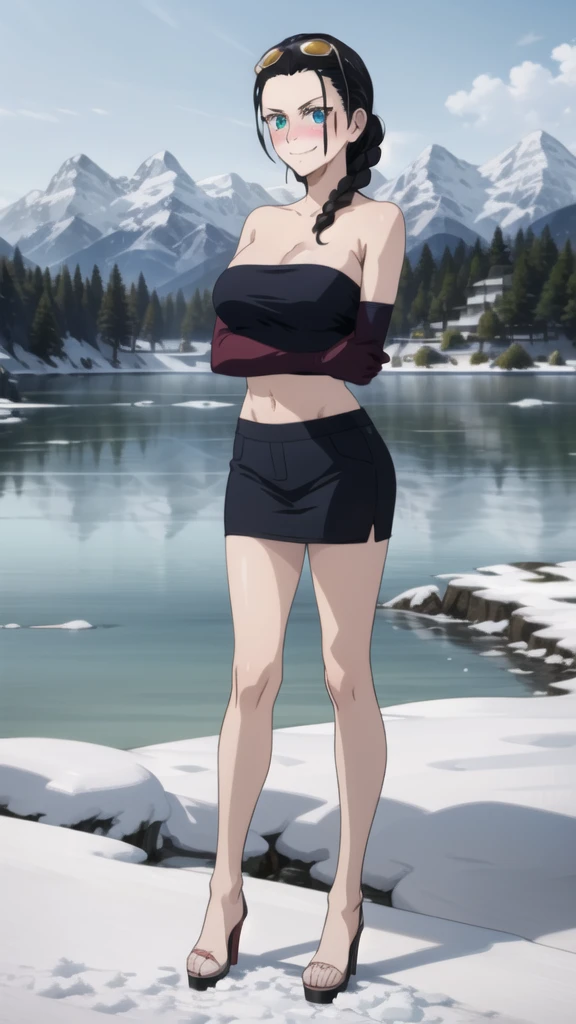 (Masterpiece), 1girl, high quality, best quality, extremely detailed eyes, extremely detailed body, blush, highly detailed, Nico robin, one piece, black hair, blue eyes, looking at viewer, smile, large breasts, gloves, closed mouth, 1girl, full body, open clothes, purple strapless croptop,crossed arms, eyewear on head, brown gloves, hair slicked back, platform heels, barefoot, snowy terrain, frozen lake, side view