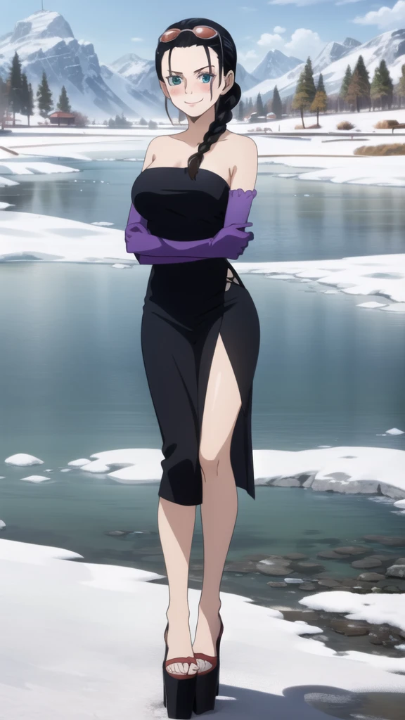 (Masterpiece), 1girl, high quality, best quality, extremely detailed eyes, extremely detailed body, blush, highly detailed, Nico robin, one piece, black hair, blue eyes,  looking at viewer, smile, large breasts, gloves, closed mouth, 1girl, full body, open clothes, purple strapless croptop,crossed arms, eyewear on head, brown gloves, hair slicked back, platform heels, barefoot, snowy terrain, frozen lake, side view
