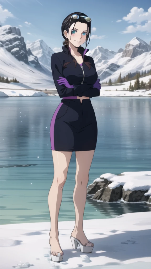 (Masterpiece), 1girl, high quality, best quality, extremely detailed eyes, extremely detailed body, blush, highly detailed, Nico robin, one piece, black hair, blue eyes, looking at viewer, smile, large breasts, gloves, closed mouth, 1girl, full body, open clothes, purple strapless croptop,crossed arms, eyewear on head, brown gloves, hair slicked back, platform heels, barefoot, snowy terrain, frozen lake, side view
