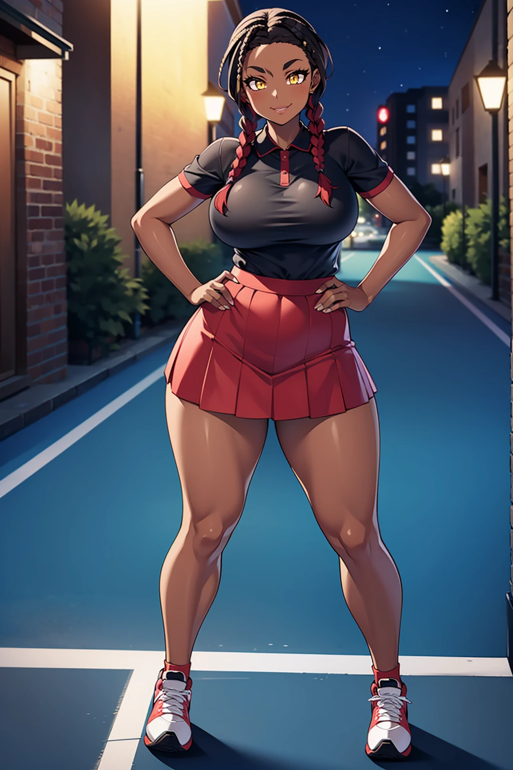 4K Quality, cute smile, black woman, cute eyebrows, over the shoulder pose, (black and red skirt), (black and red tennis shoes), standing up, (black and red braids), (dark skinned), thick thighs, big breasted, big ass, looking at viewer, amber eyes, night time, bedroom eyes, full body, city background, perfect face, perfect body, perfect eyes, 
