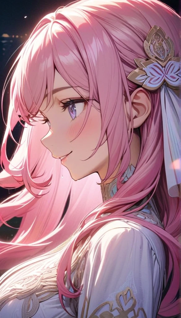  beautiful girl, long pink hair, beautiful face,smiling,close up to hips, beautiful breast, in the middle of beautiful lake, (open mouth:0.4),illustration,detailed textures(realists),ultra-detailed,portrait style,vivid colors,soft lighting, blushing, mature, hair fluttering, cool moonlight light, ((half body)), wearing intricate white dress, perky. ((side profile half body)), hair accessories 