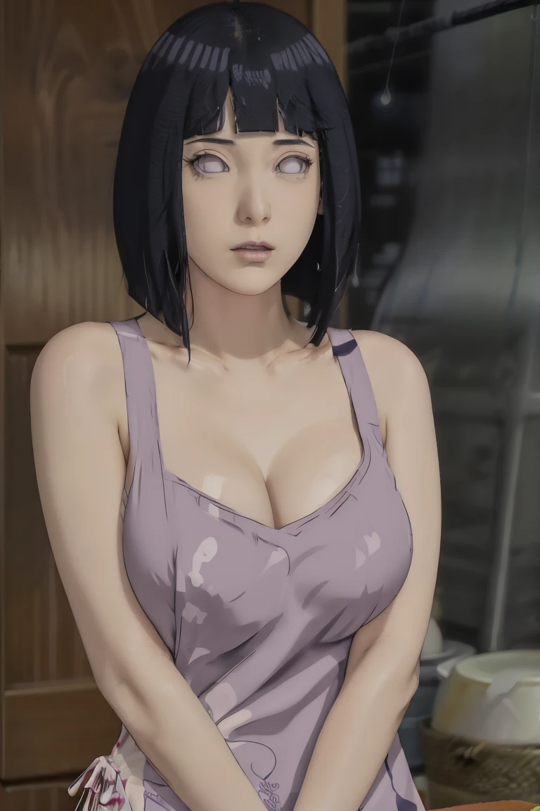 Made, absurderes, Hinata\(Boruto\), 1girll, Solo,Mature female, view the viewer,Perfectcomposition, Detailed lips, big breast, Beautiful face, body propotion, Blush, Long hair, Purple eyes, Soft Gaze, Sticky Liquid In the mouth, Sticky Liquid in the Breast, Super realistic, Detailed, photoshoot, Realistick faces and bodies,(perspire,Sweat a lot,Blushlush,Be red in the face,Blushlush),(Bigboobs),Outdoors,Stand at the door of the phone booth,natta,raining day, ((apron)), ((cleavage)), sideboob