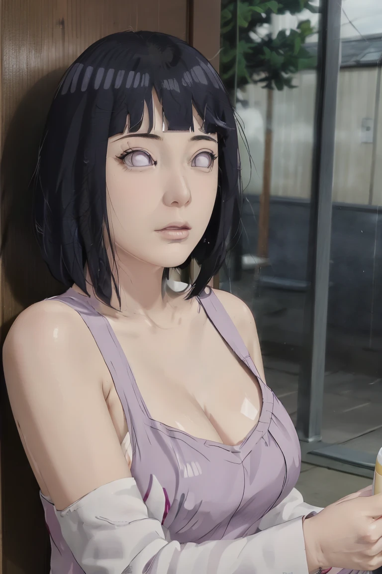 Made, absurderes, Hinata\(Boruto\), 1girll, Solo,Mature female, view the viewer,Perfectcomposition, Detailed lips, big breast, Beautiful face, body propotion, Blush, Long hair, Purple eyes, Soft Gaze, Sticky Liquid In the mouth, Sticky Liquid in the Breast, Super realistic, Detailed, photoshoot, Realistick faces and bodies，（perspire，Sweat a lot，Blushlush，Be red in the face，Blushlush），（Bigboobs），Outdoors，Stand at the door of the phone booth，natta，raining day, ((apron)), ((cleavage)), sideboob