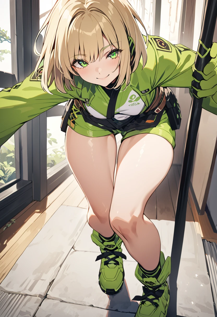 ,One girl,smile, View your viewers,  masterpiece,Highest quality,Konam,green jacket, gloves, green shorts,green footwear,blond hair,cyclone \(for once\)