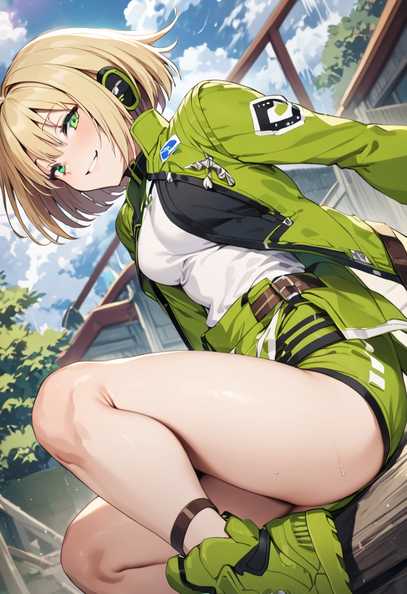 happy smile,furrowed brow,Open mouth{Shaded face},Renee,covered navel, (bodystocking:1.2), asticassia school uniform, green jacket, green shorts, shirt, school uniform, crop top, (Black body stockings:1.3)
,Squat ,looking down at viewer,Squatting,((masutepiece,hight resolution)), masutepiece, Best Quality, , absurderes, Perfect Skin, Detailed skin texture, ultra-detailliert, 8K, Intricate details, beautifull detailed face,hight resolution, 1girl in ,Looking down,looking down at viewer,masutepiece, Best Quality, Insanely detailed, absurderes, Perfect Skin, Detailed skin texture, ultra-detailliert, 8K, Intricate details, beautifull detailed face,NSFW,NSFW,,low  angle shot,Front view