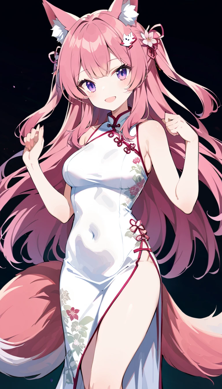 score_9,score_8,score_7,score_8_up,score_7_up、a manga style picture of a pretty girl in pink clothes and a collar, 1girl, animal ears, dress, solo, tail, pink hair, china dress, chinese clothes, covered navel, long hair, smile, virtual youtuber, breasts, looking at viewer, white dress, animal ear fluff, sleeveless, hair ornament, fox tail, purple eyes, fox ears, medium breasts, sleeveless dress, floral print, open mouth