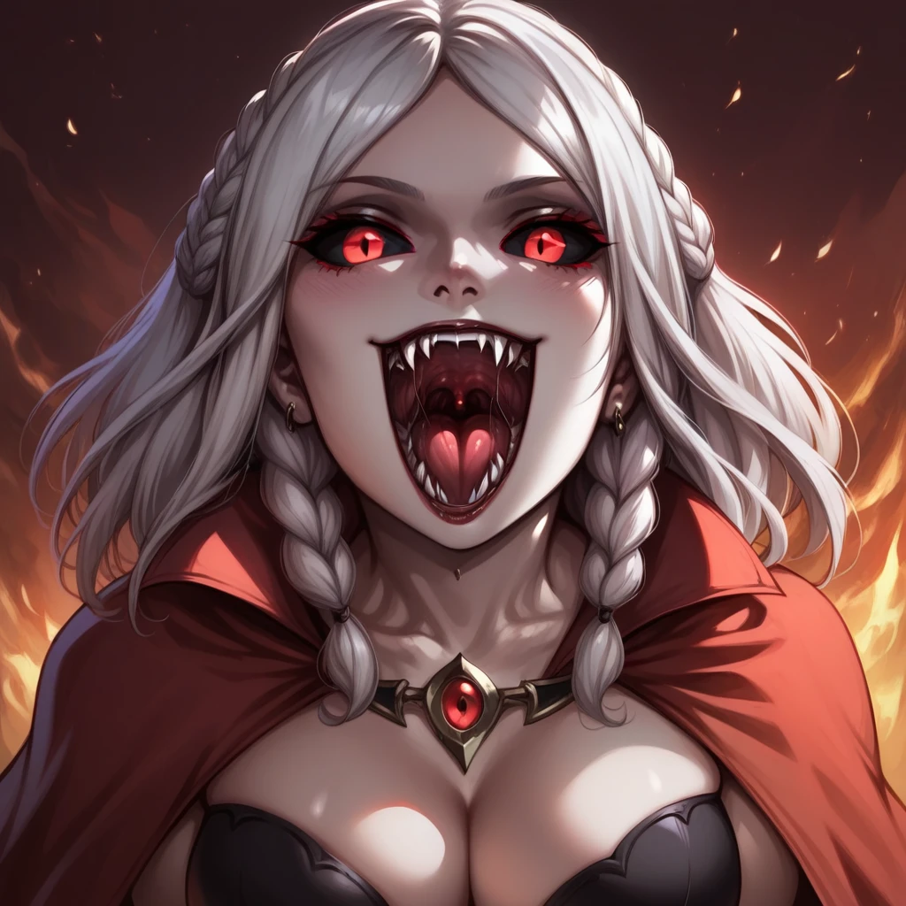 Serana, 1girl, breasts, cleavage, solo, black_hair, braid, fangs, vampire, smile,  cape, medium_breasts, cleavage, black_sclera, colored sclera, , detailed mouth, mesmerizing mouth, high definition mouth, focus on face, best quality, detailed, absurd resolution, absurd detail, intricate details, vibrant colors, ultra-realistic,  open mouth,