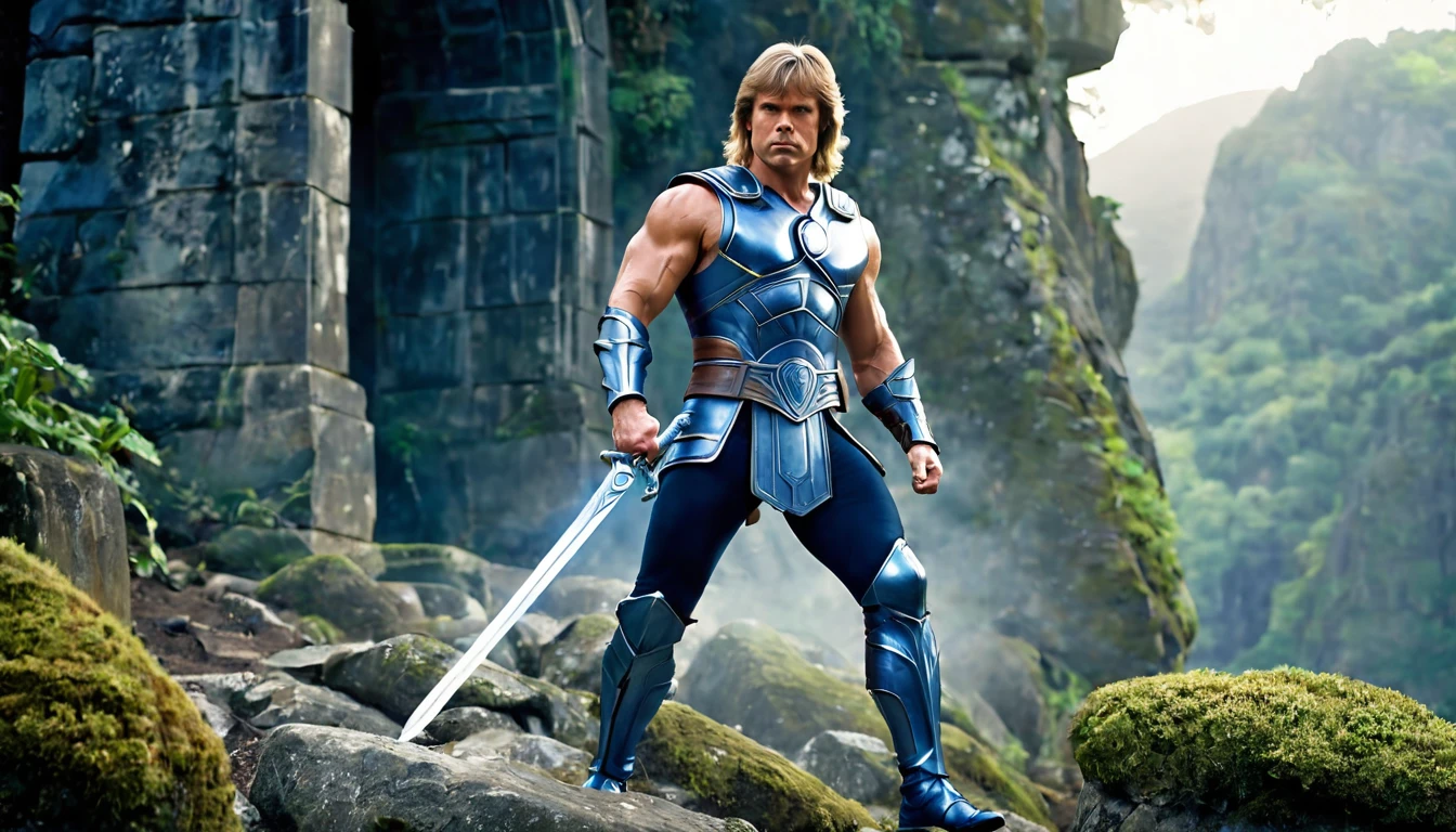 (best quality, realistic, ethereal: 1.2), (very muscular man) he man style, (with Luke Skywalker's face), walking, long hair, long blonde, loose, (his whole body can be seen) strength and determination, super muscular, legendary sword in his hand, blue leather armor, (medium shot) in the background, majestic mountains and lush forests, soft sunlight that casts a magical glow, ancient ruins and mysterious runes, heroic pose, artistic representation , shades of blue and silver, subtle mist and mist, studio lighting